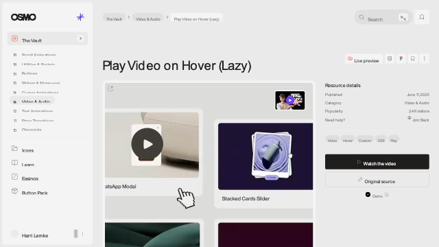 Play Video on Hover (Lazy) [Resource] - Osmo